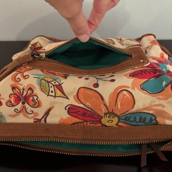 Lucky Brand Flowers and Butterfly Patterned Canvas Brown Suede Shoulder Bag - Picture 10 of 13